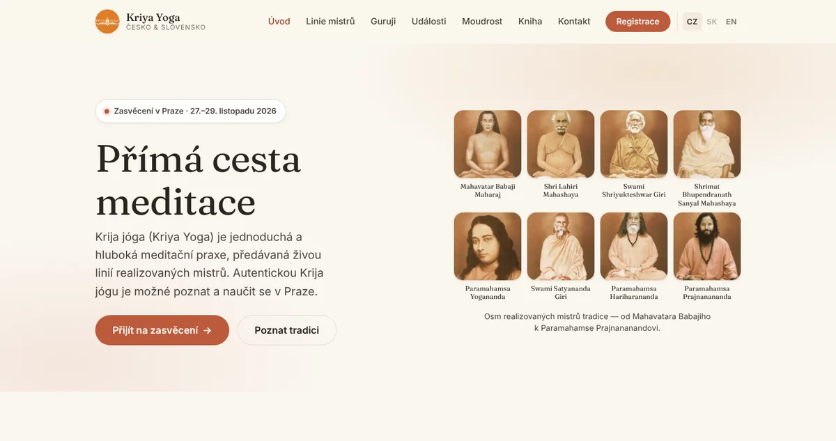 Úvodní stránka webu Krija jóga Česko a Slovensko: nadpis Přímá cesta meditace a osm portrétů mistrů tradice.