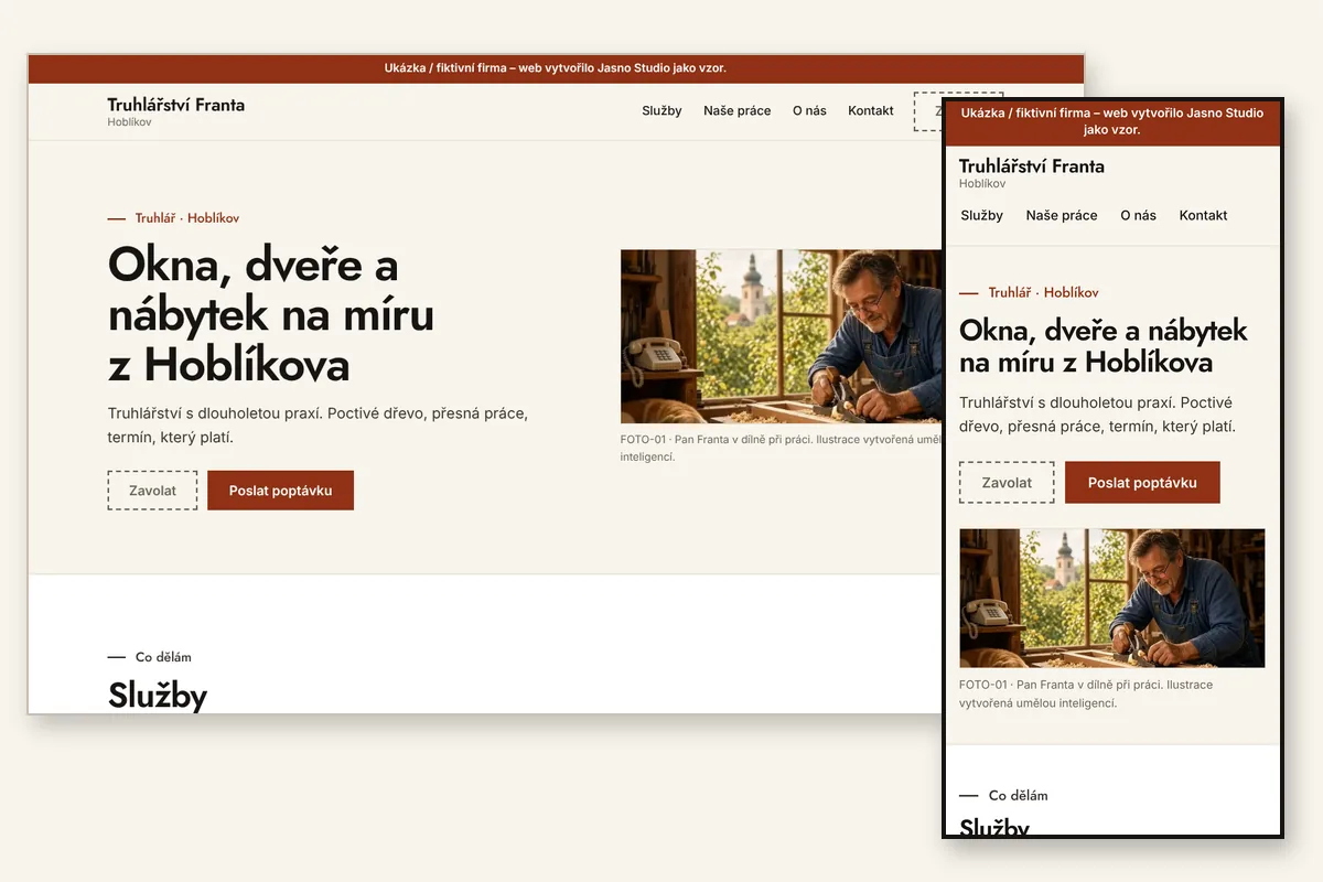 Vzorový web fiktivního truhlářství v mobilu a na počítači: úvodní nabídka, služby a galerie realizací.