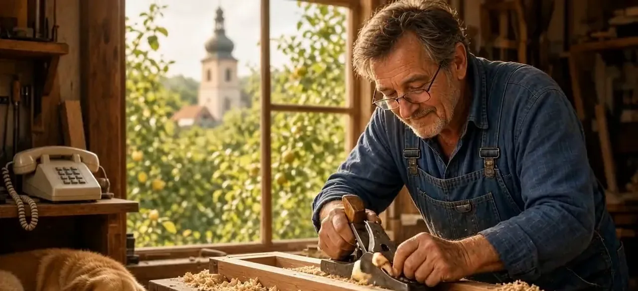 Truhlář hoblíkuje dřevěný rám v dílně, za oknem je vidět věž kostela.